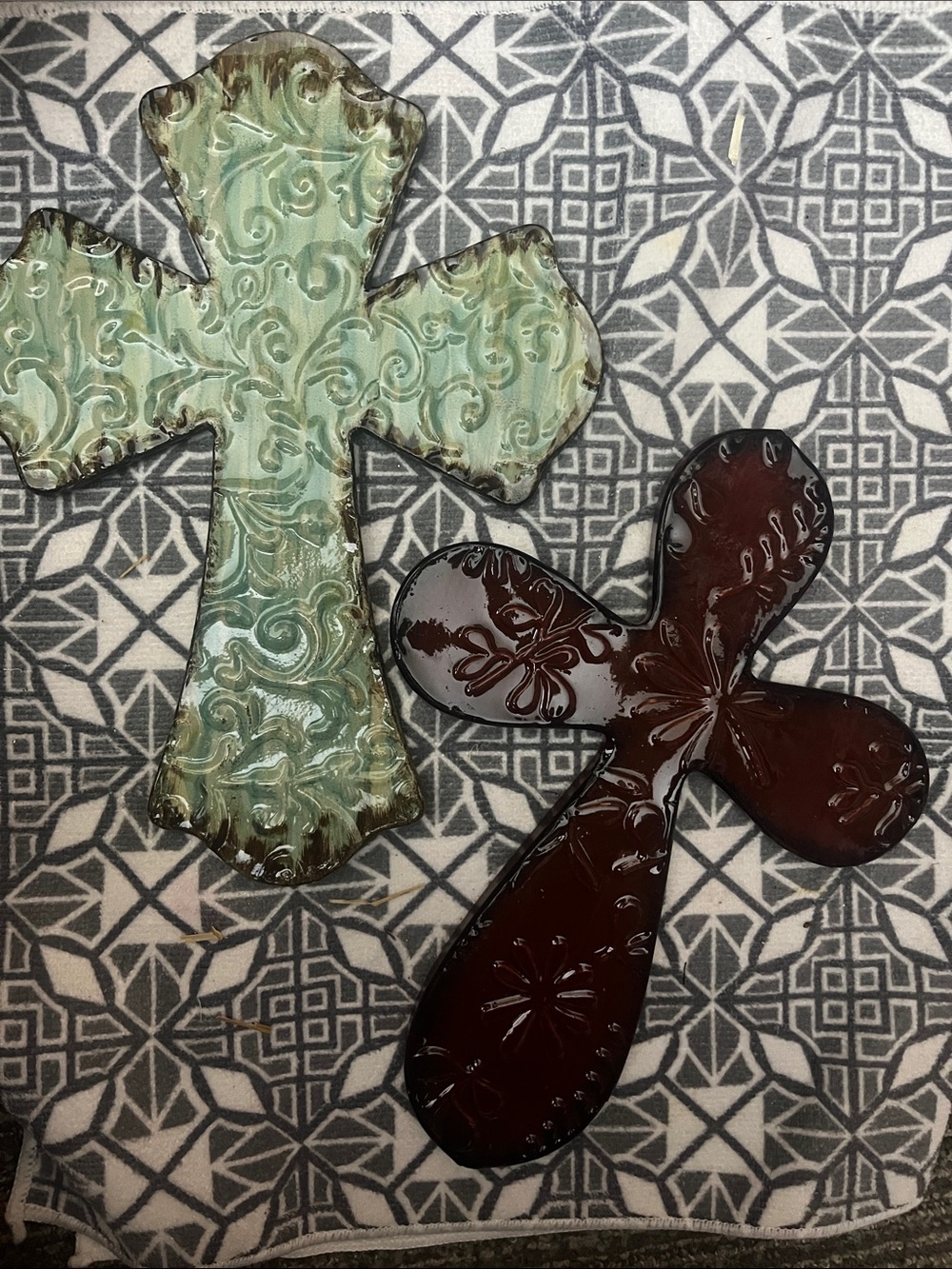 Decorative Metal Cross Wall Art - Mint Green & Dark Brown 2pc pair Rustic 690
